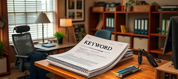 strategic keyword optimization, analyzing, marking notes on printed reports, photorealistic, well-organized home office with ergonomic furniture, highly detailed, organized folders and sticky notes, warm earth tones, ambient lamp lighting, shot with a telephoto lens.