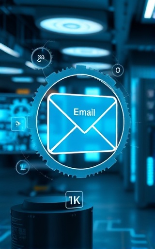 automated email process, efficient, depicted with gears and icons, photorealistic, futuristic technological lab with screens and holograms in the background, highly detailed, motion blur effects, 16K resolution, metallic tones, LED ambient lighting, shot with a 24mm lens.