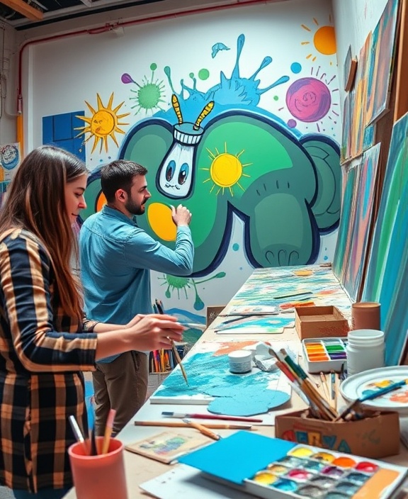 creative teamwork, enthusiastic expression, painting a mural together, photorealistic, studio with art supplies scattered, highly detailed, artists in action with brushes and colors, bright colors, spot lighting, shot with a 35mm lens.