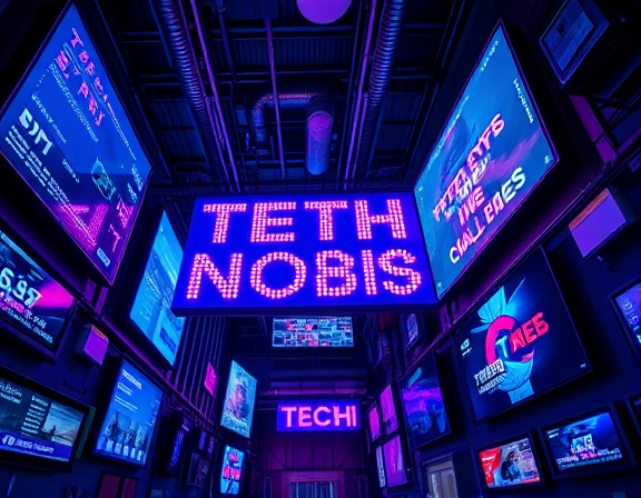 article impact, shifting, challenging norms, photorealistic, industrial tech hub with glowing screens, highly detailed, scrolling digital text, wide-angle shot, electric blues and purples, neon lighting, shot with a 24mm lens