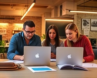 creative collaboration, excited expression, working on digital design, photorealistic, startup office with exposed brick walls, highly detailed, teamwork with laptops and papers scattered, warm colors, soft lighting, shot with a 24mm lens.