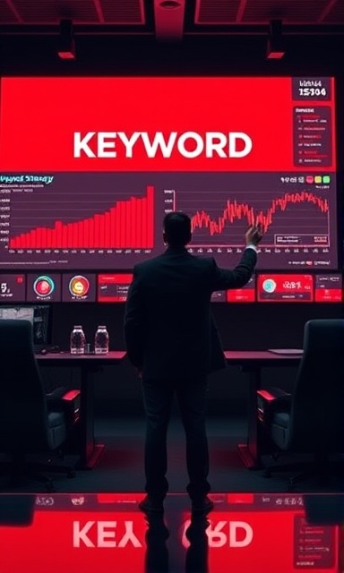 innovative keyword strategy, motivating, presenting in front of a digital screen, photorealistic, high-tech conference room with virtual screens, highly detailed, interactive projection of graphs, sharp red and black color scheme, directional spot lighting, shot with a wide-angle lens.