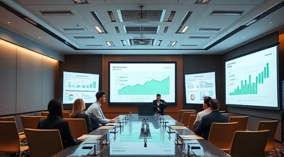 strategic content strategy, analytical insight, organizing data, photorealistic, conference room with smart projectors and charts displayed, highly detailed, executives in discussion, panoramic view, neutral and earthy colors, fluorescent lighting, shot with an 85mm lens