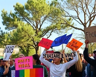 impactful articles, empowering, amplifying voices, photorealistic, peaceful protest with vibrant signs, highly detailed, swaying trees in breeze, panoramic shot, varied bright colors, daytime lighting, shot with a 28mm lens