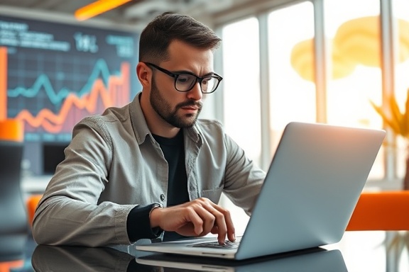expert keyword optimization, determined, adjusting parameters on a laptop, photorealistic, a digital marketing agency with futuristic decor, highly detailed, analytics data streaming in the background, vibrant orange accents, bright daylight coming through large windows, shot with a 50mm prime lens.