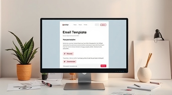 customizable email template, versatile, displayed on a designer's monitor, photorealistic, minimalist workspace with design sketches scattered around in the background, highly detailed, drag-and-drop interface, super-resolution, pastel colors, warm ambient lighting, shot with an 85mm lens.