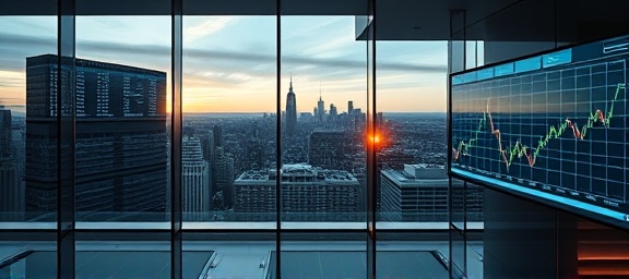 strategic trends gap, calculating, tracking global market shifts, photorealistic, in an expansive high-rise office with city view, highly detailed, interactive data boards, contrasting colors, evening light casting shadows, shot with a 85mm lens.