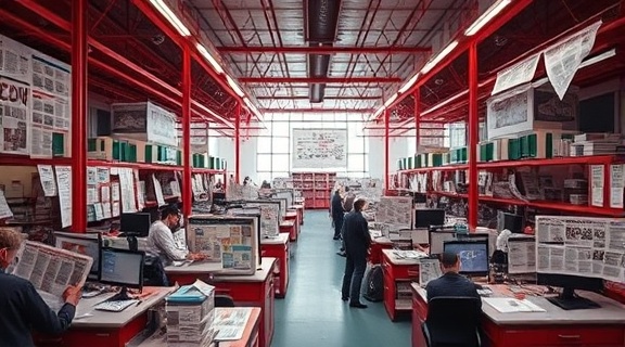 highimpact writing, dynamic, driving change, photorealistic, vibrant newsroom filled with activity, highly detailed, flapping newspapers, panoramic shot, vibrant reds, industrial overhead lighting, shot with a 28mm lens