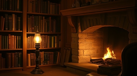 impact articles, resonant, sparking curiosity, photorealistic, quiet library corner with a reading lamp, highly detailed, flickering flame in the fireplace, full-frame, sepia tint, soft evening lighting, shot with a 50mm lens