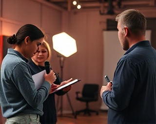 engaged production crew, attentive focus, scripting scenes, photorealistic, a compact yet vibrant studio buzzing with creativity, highly detailed, gestures and collaborations, superior contrast, rich hues, diffused lighting, shot with a 200mm lens.